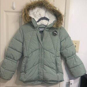 DKNY Sage Green Quilted Jacket with Faux Fur Trim